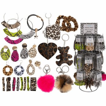 **MEGA POVOLJNO** KOMPLETAN ROTIRAJUĆI STALAK SA ANIMAL PRINT NAKITOM I AKSESOARIMA (180 kom.)